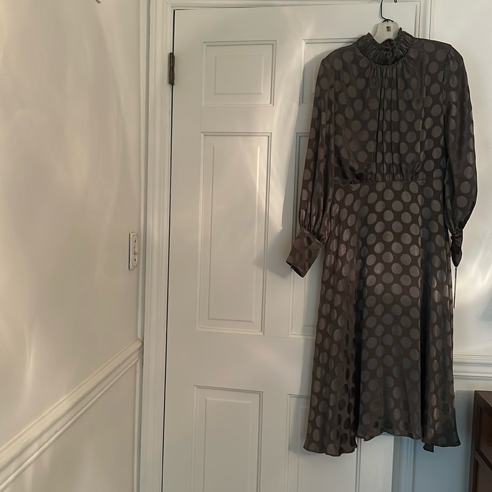 Brand new/tags Calvin Klein, long sleeve maxi, metallic olive polkadot dress